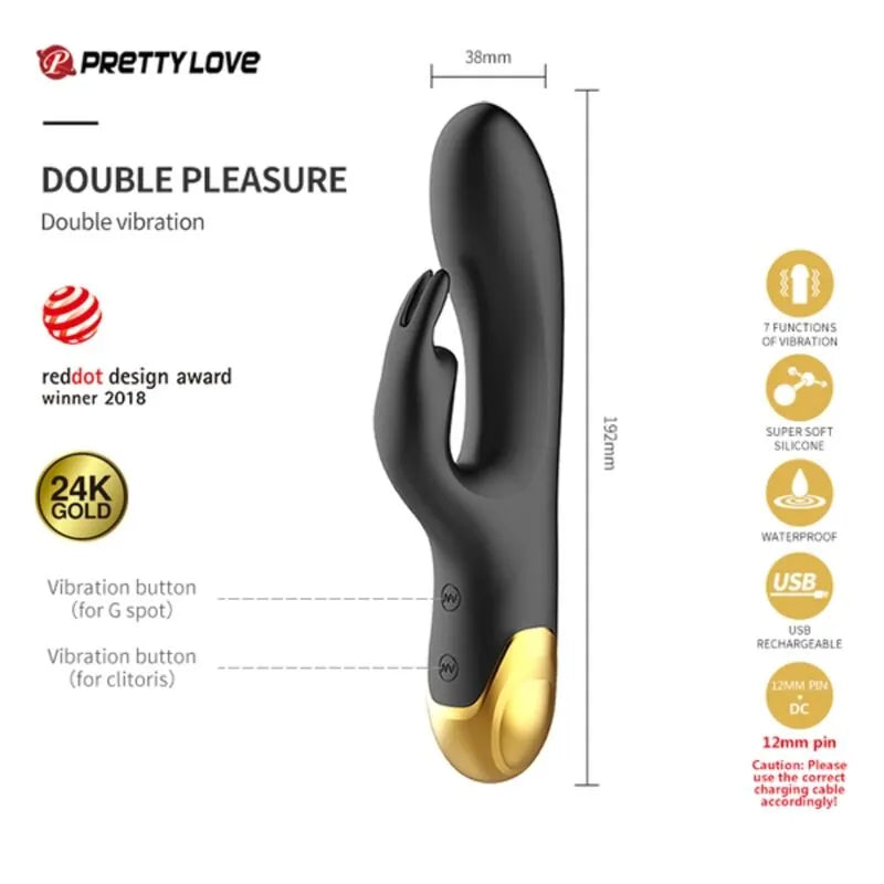 Sextoy noir en silicone avec finitions or 18 carats, double vibration, design ergonomique, récompensé par Reddot 2018.