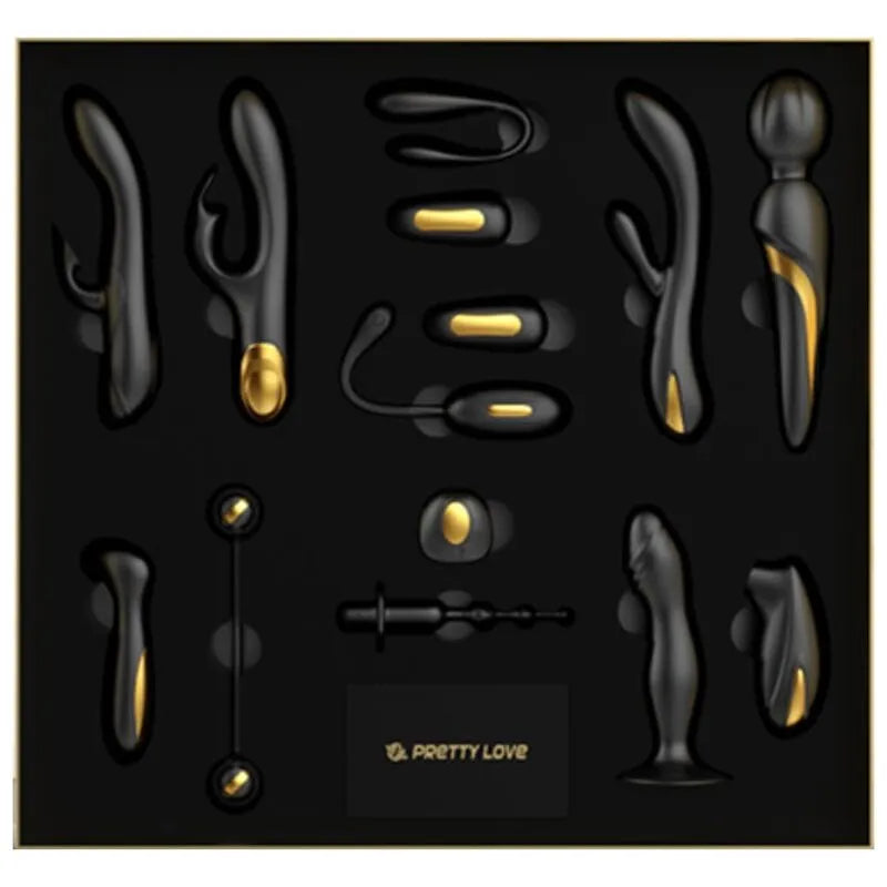 Coffret sextoys luxe noir et or 18 carats, 12 pièces en silicone doux, design élégant et raffiné, Pretty Love.