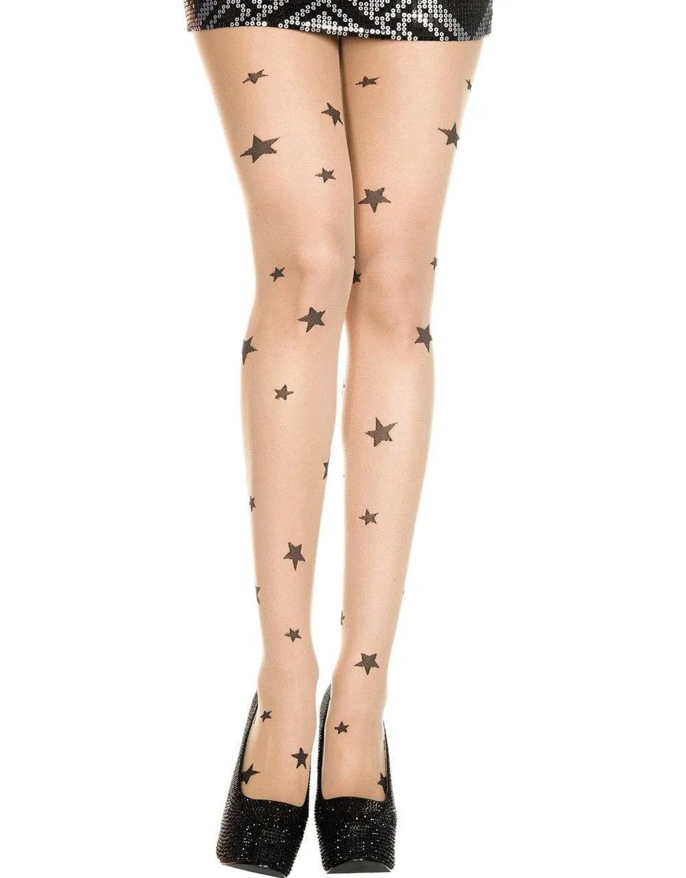 Collants chair transparents avec étoiles noires, élégants et soyeux, parfaits pour un look raffiné et confortable.