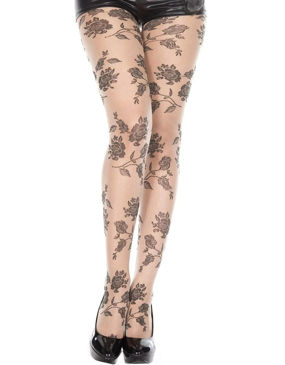 Collant chair fantaisie avec imprimé floral roses noires, porté avec short noir, en nylon et élasthanne, élégant et tendance.