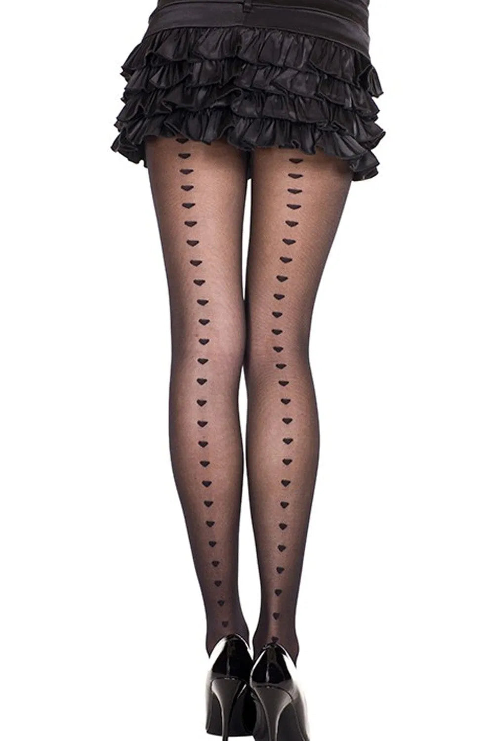 Collants fantaisie noirs semi-opaques avec motifs de coeurs, ajout élégant et unique à votre tenue.