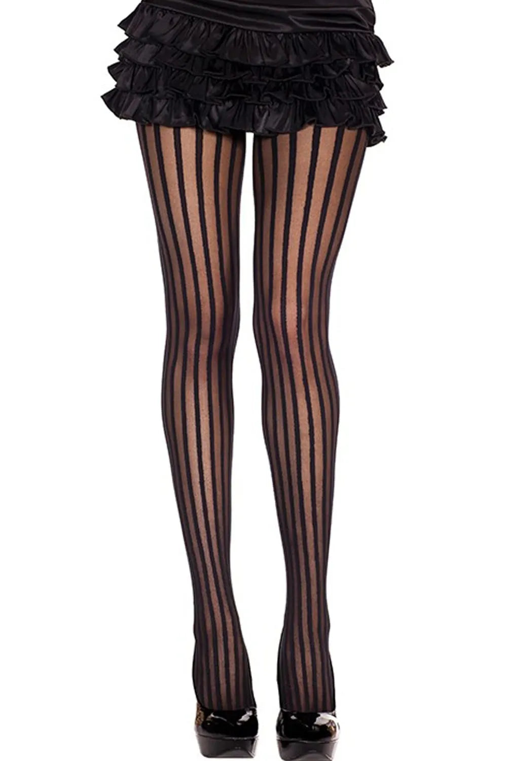Collant fantaisie noir à rayures verticales, élégant et chic, affine les jambes, idéal pour toutes occasions.