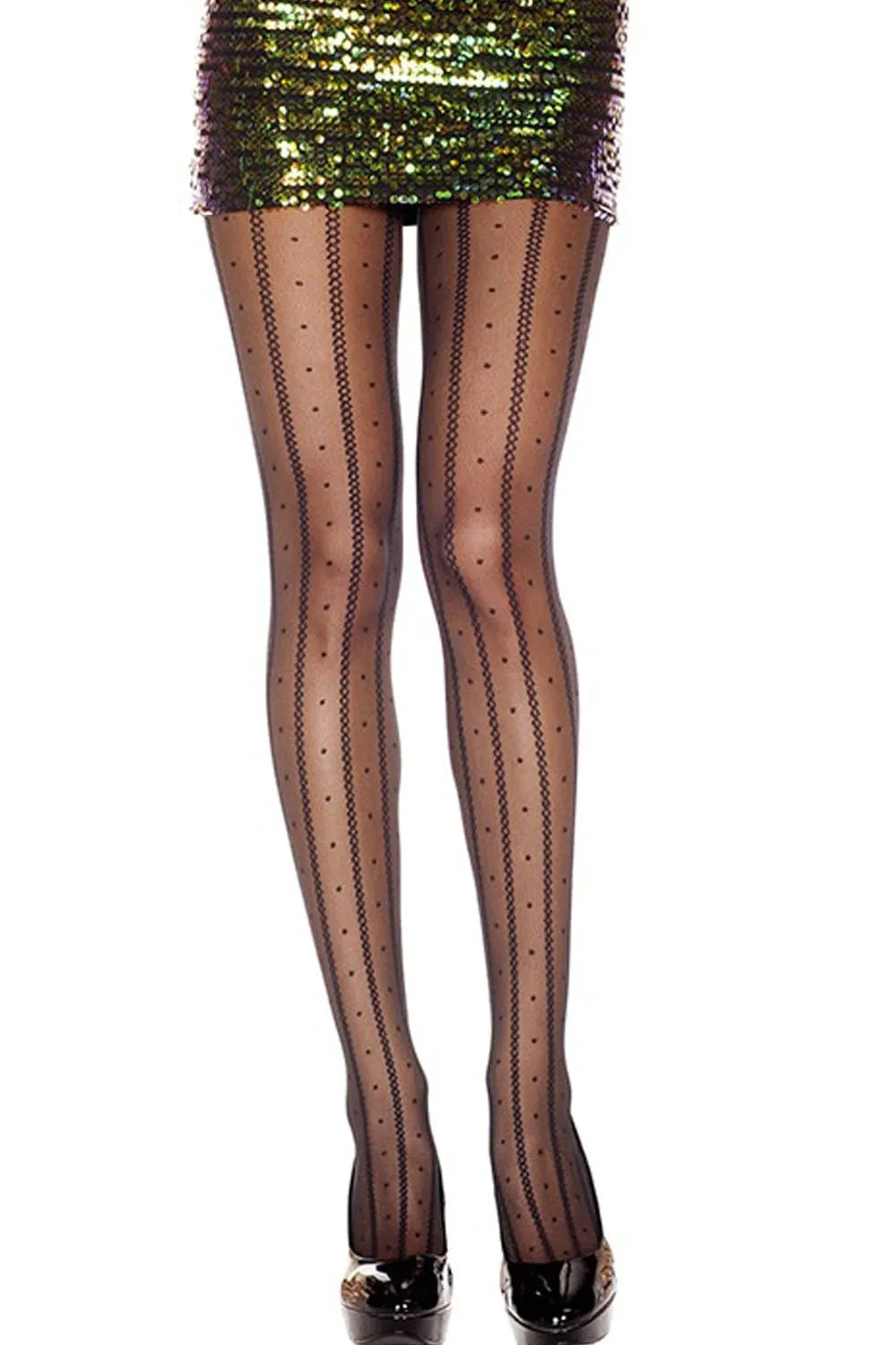 Collant noir fantaisie à pois et chaînes en nylon, élégant et original, parfait pour une tenue chic et raffinée.