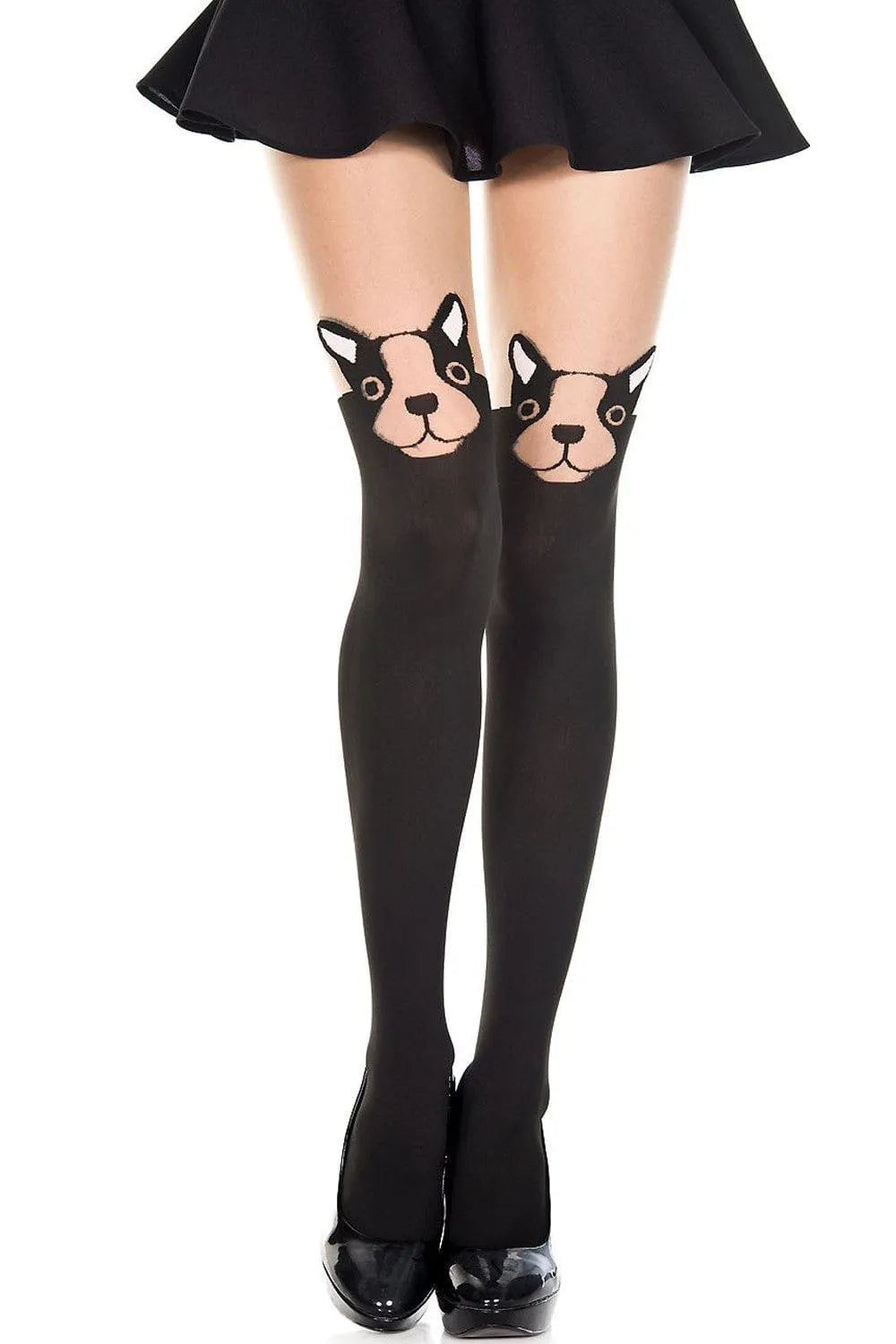 Collant fantaisie noir femme avec motif chien, partie opaque et effet bas, élégant et unique pour un look séduisant.