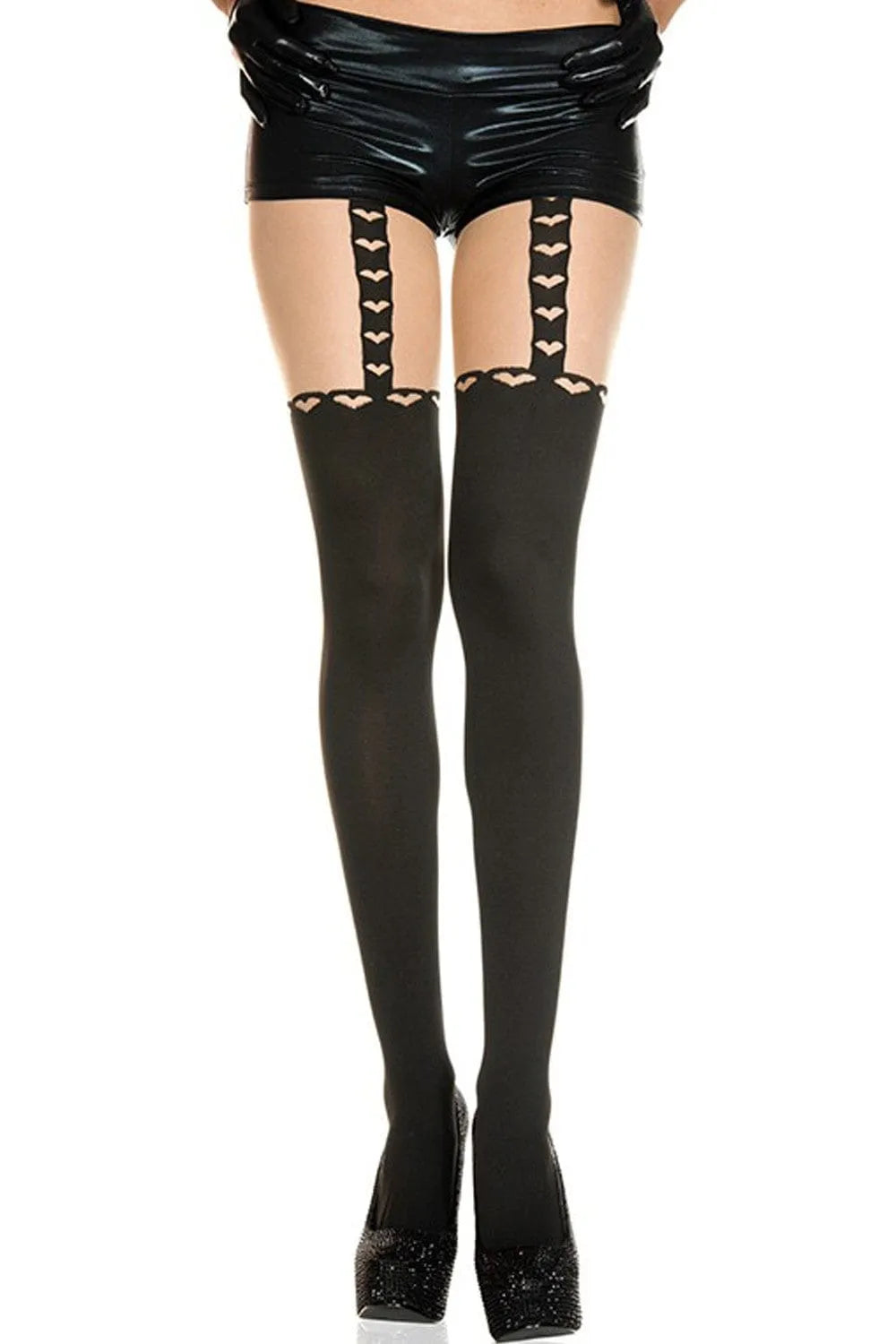 Collant noir effet jarretelles avec motifs cœurs, partie supérieure chair, idéal pour une allure élégante et séduisante.