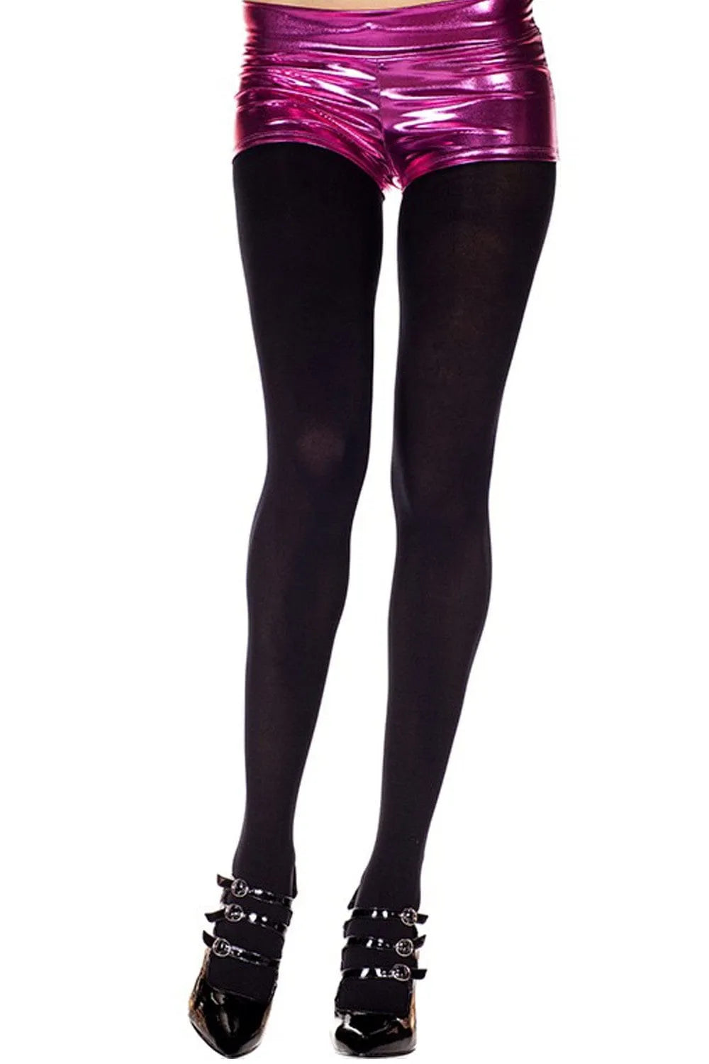 Collant opaque noir gainant en microfibre, porté avec short brillant rose, idéal pour look élégant et intemporel.