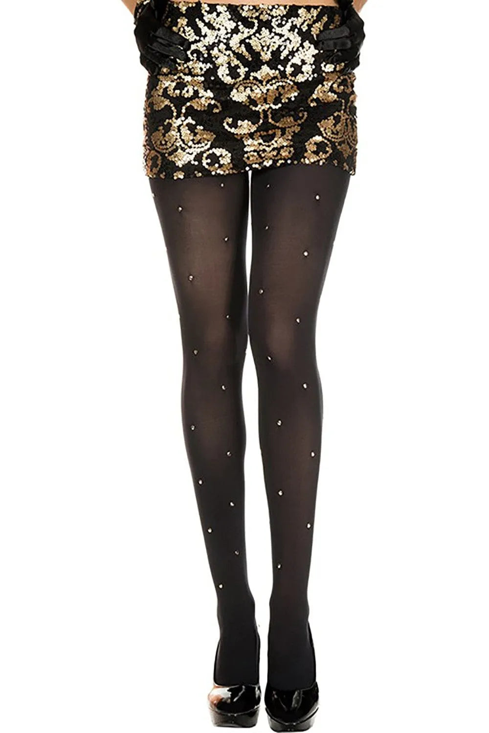 Collant noir semi-opaque avec strass brillants, élégant et glamour, idéal pour soirées et occasions spéciales.