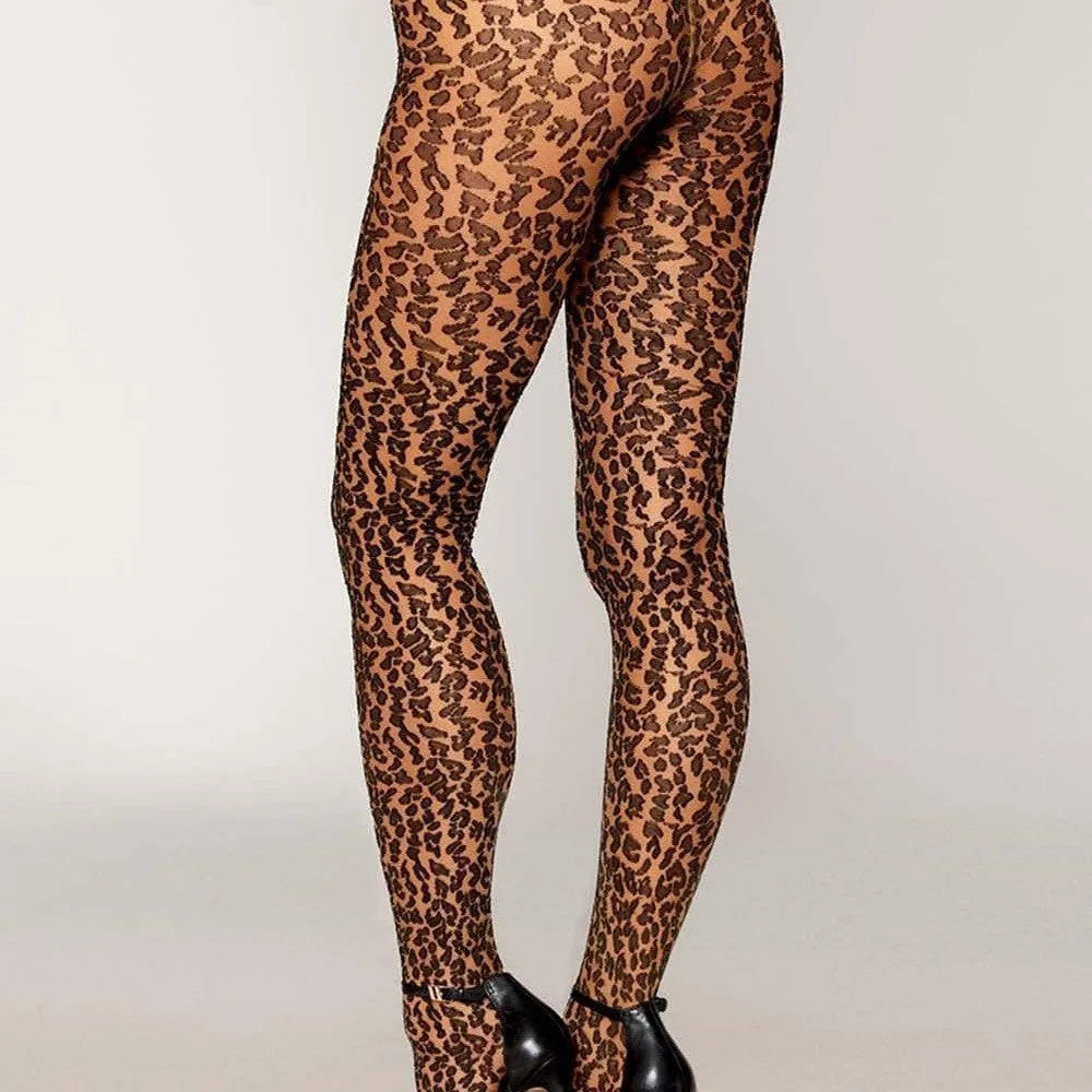 Collants bicolores motif léopard, ceinture élastique, confort et style, mélange polyester, nylon, spandex.
