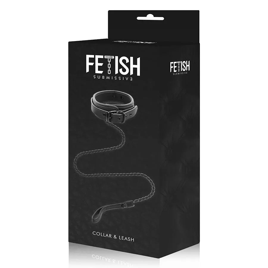Collier BDSM noir en cuir végétalien anti-allergique, boucle robuste, sur fond de boîte élégante noire.