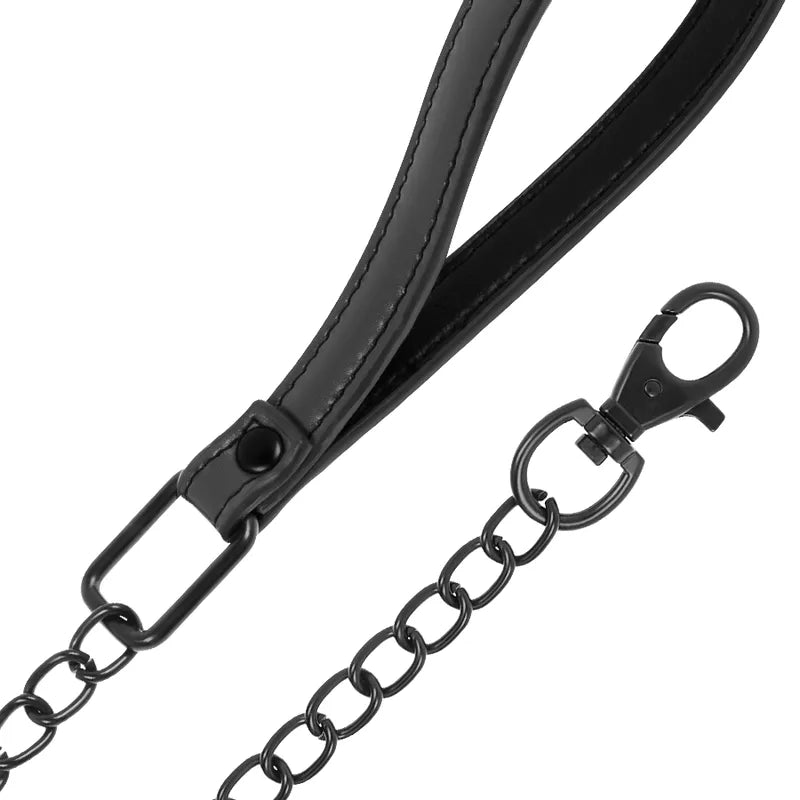 Collier BDSM noir en cuir végétalien avec chaîne métallique, hypoallergénique, pour peaux sensibles, sans nickel.
