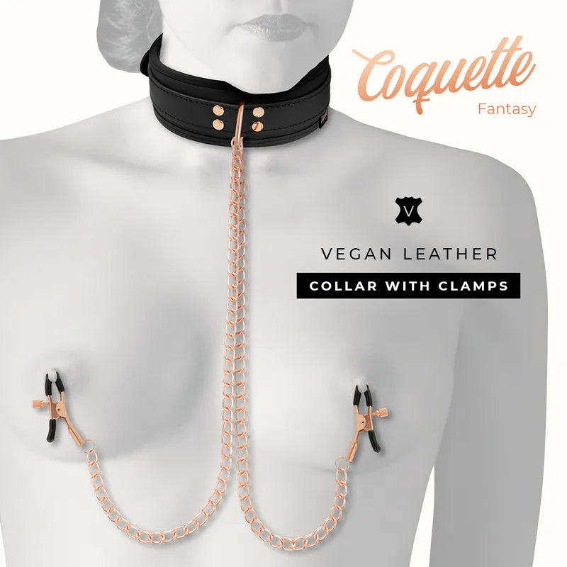 Collier BDSM cuir vegan noir avec pinces à tétons et chaînes métalliques dorées, tension ajustable.