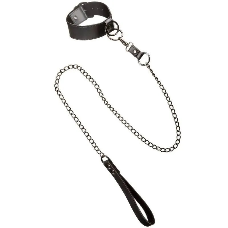 Collier BDSM en cuir végétalien noir avec chaîne métallique robuste et boucle sécurisée, intérieur velours doux.