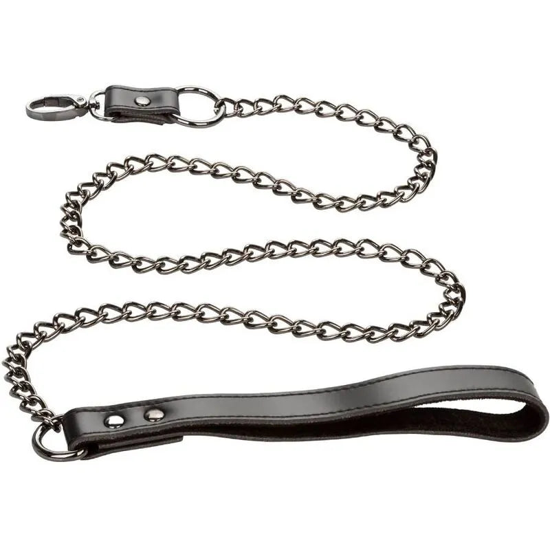 Collier BDSM en chaîne métallique et cuir végétalien noir avec boucle sécurisée et intérieur velours doux.