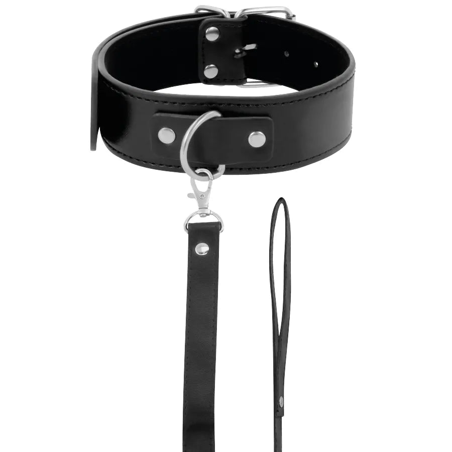 Collier de posture BDSM noir en cuir PVC avec boucle métallique et laisse, design élégant et confortable.