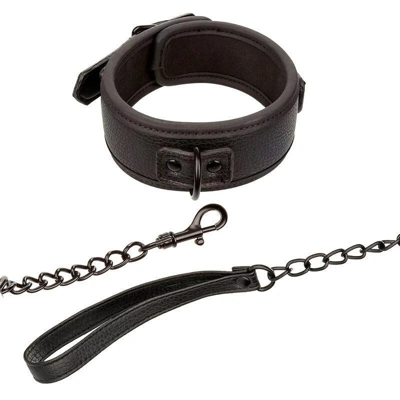 Collier et laisse BDSM en métal robuste, chaîne noire, collier réglable avec boucle sécurisée, esthétique élégante.