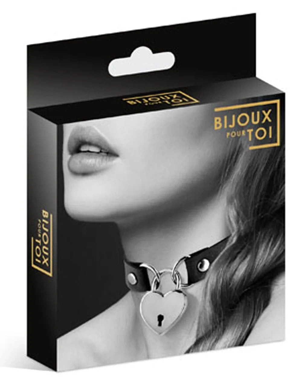 Collier en cuir noir avec pendentif cadenas cœur, idéal pour jeux érotiques, présenté sur boîte élégante.