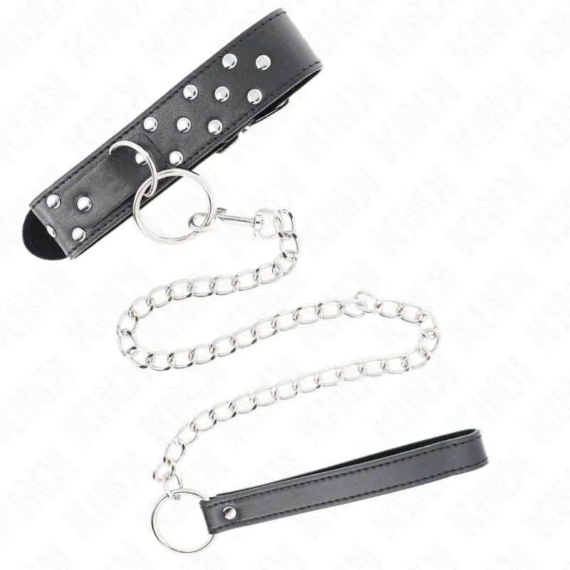 Collier BDSM en cuir noir avec rivets argentés et chaîne, élégance et contrôle pour moments intenses.