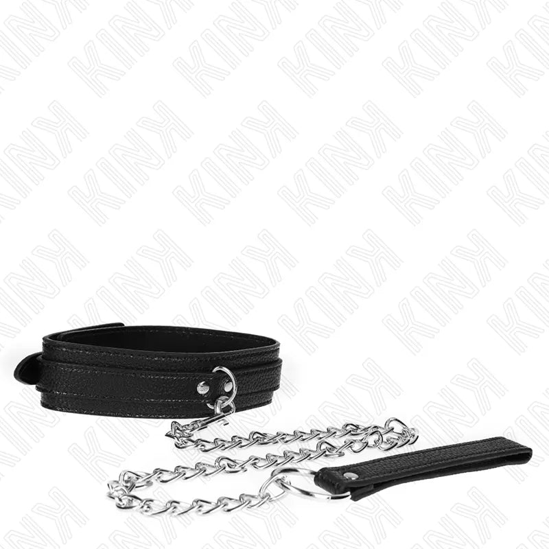 Collier BDSM en cuir noir élégant avec chaîne métallique, design raffiné pour expérience sophistiquée et durable.