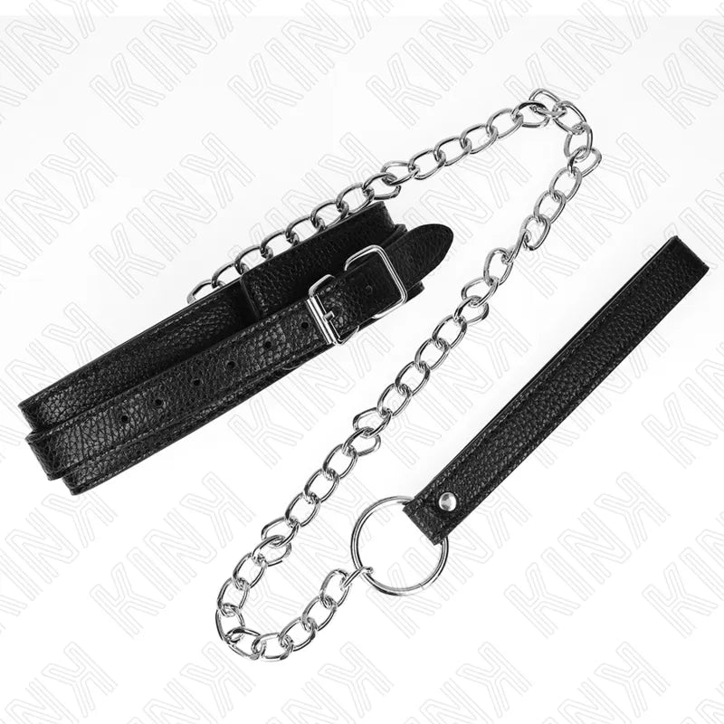 Collier BDSM en cuir noir élégant avec boucle métallique, chaîne argentée robuste, pour expérience raffinée et personnalisée.