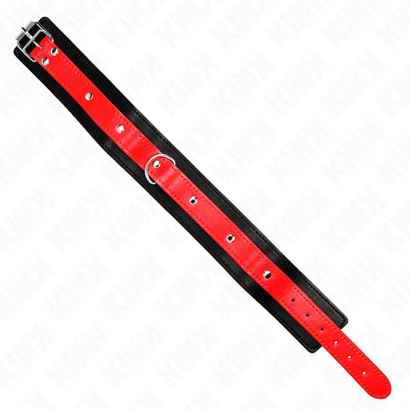 Collier BDSM en cuir véritable noir et rouge, boucle métallique, design élégant et robuste pour séances intenses.