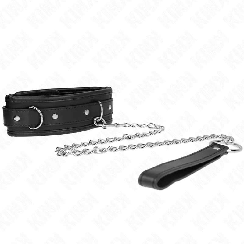 Collier BDSM en cuir noir avec anneaux métalliques et chaîne, élégant et résistant, Kinque Boutique.