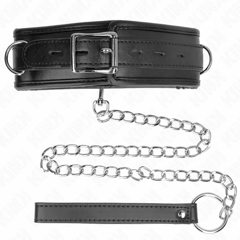 Collier BDSM en cuir noir ajustable avec boucle métallique, chaîne argentée et finition élégante pour pratiques sophistiqu...