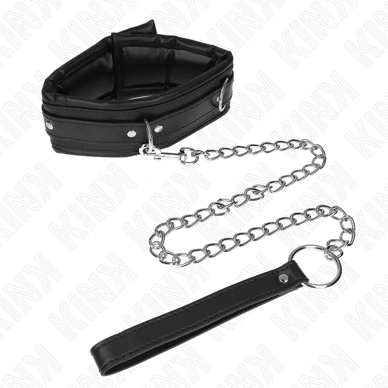 Collier BDSM élégant en cuir noir véritable avec chaîne métallique et poignée, design sophistiqué et durable.