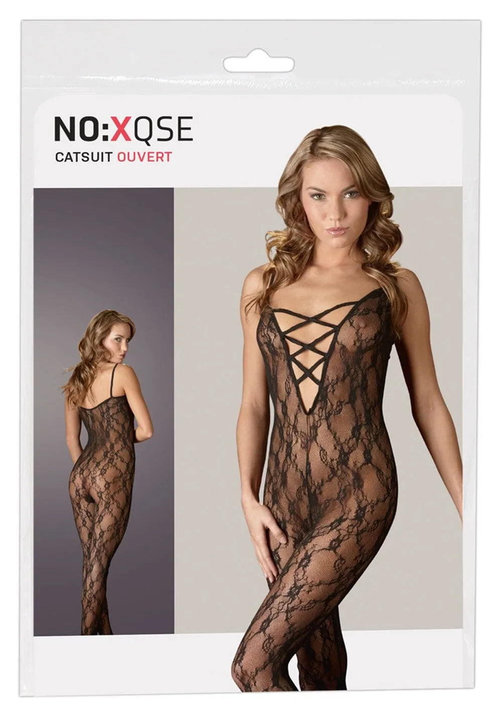 Combinaison collant femme en dentelle noire avec décolleté croisé, ouverture à l'entrejambe, élégante et féminine.