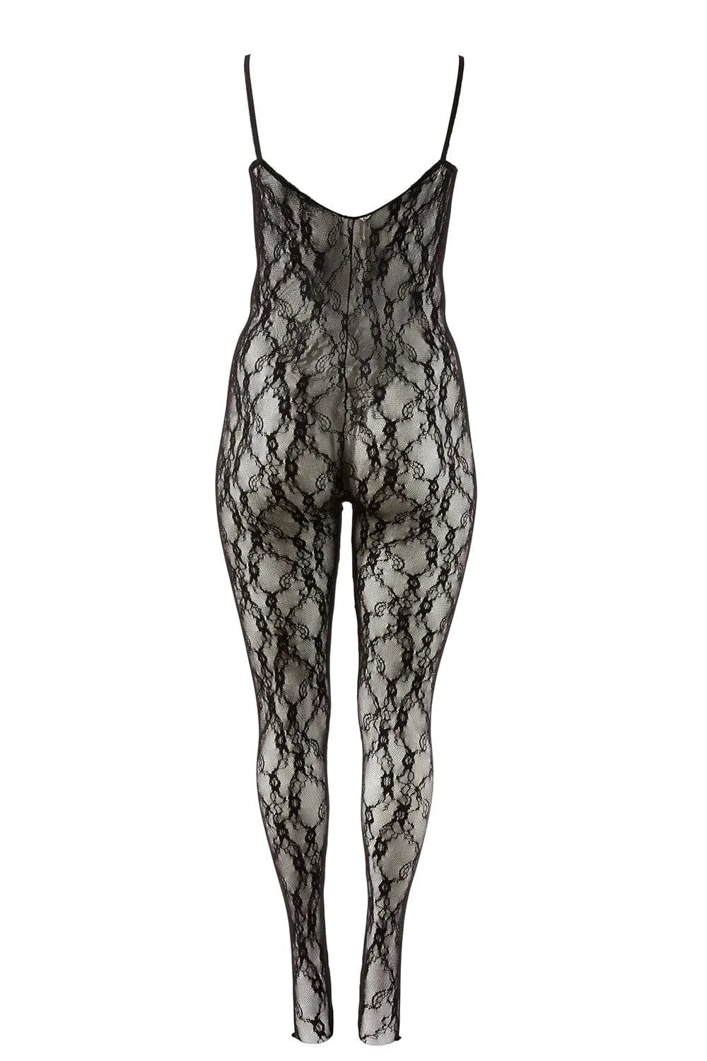 Combinaison collant femme en dentelle noire, décolleté profond, bandes croisées, ouverture entrejambe, élégance féminine.