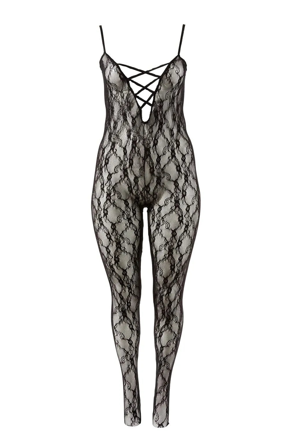 Combinaison collant femme en dentelle noire avec décolleté profond et bandes croisées, ouverture à l'entrejambe.