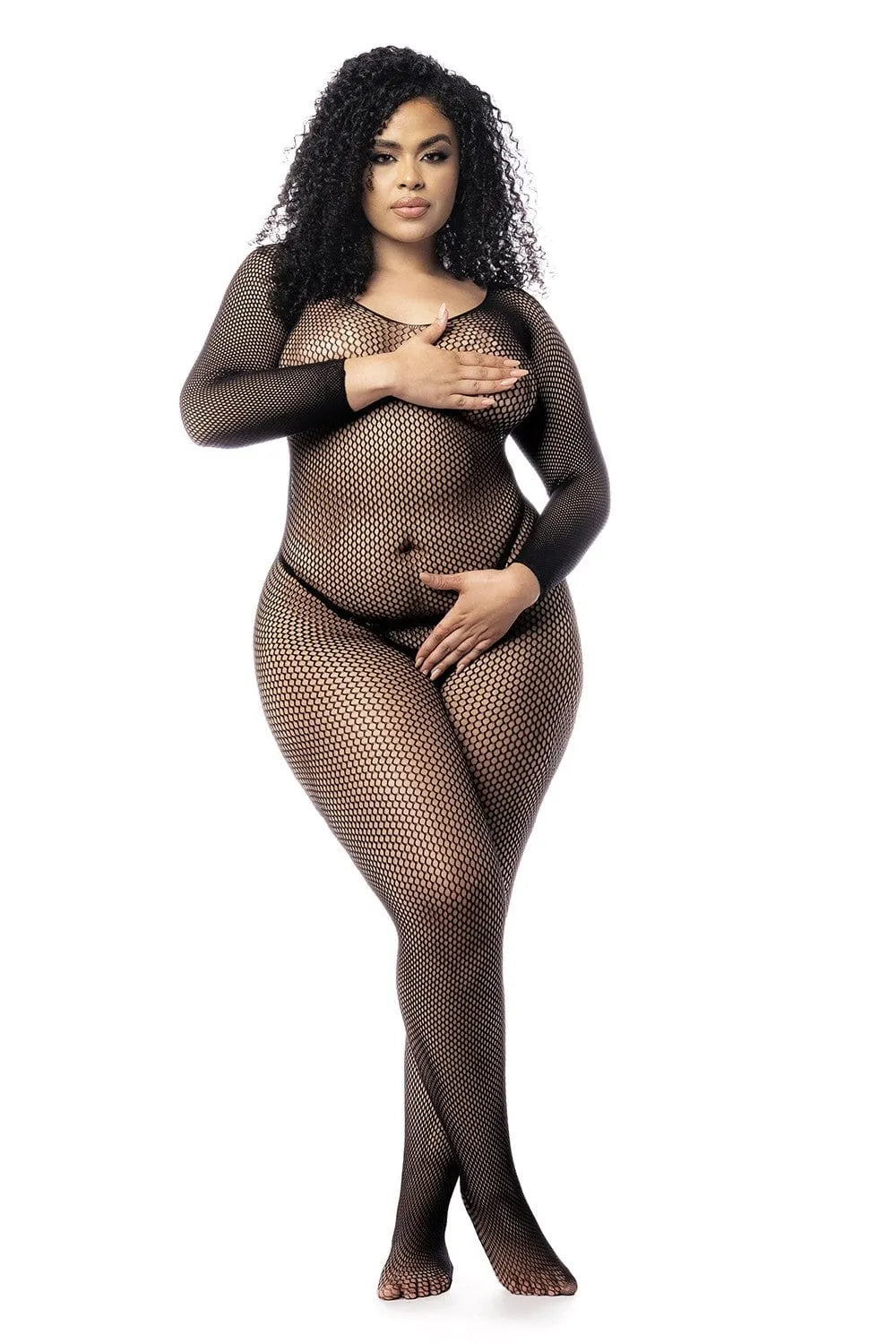 Combinaison résille noire grande taille, manches longues, décolleté large, élégante et glamour, pour soirée spéciale.