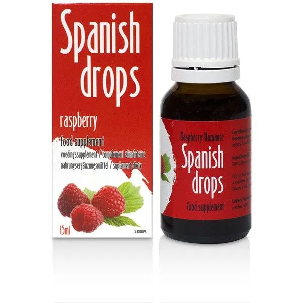 Bouteille de complément aphrodisiaque saveurs multiples avec boîte rouge, étiquette blanche, texte Spanish drops.