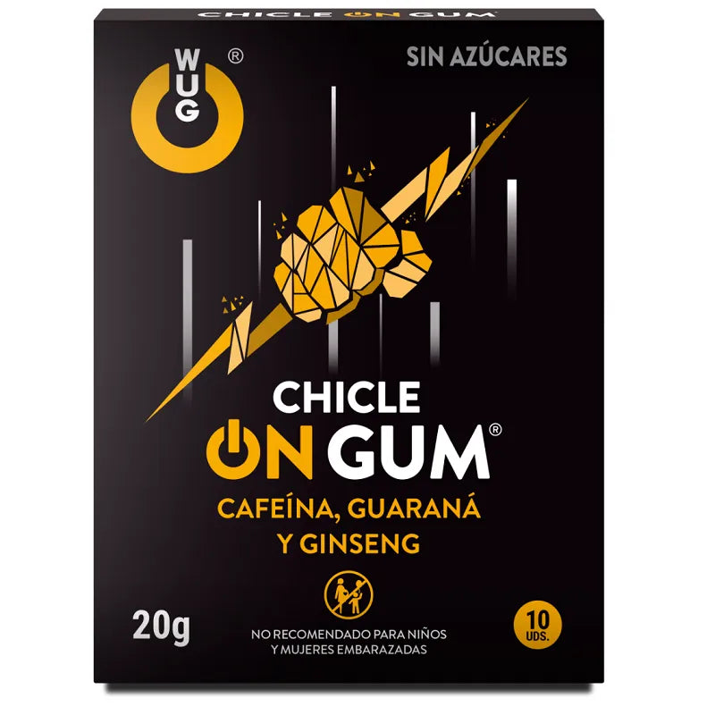 Gomme énergie noire et jaune, caféine, ginseng, guarana, emballage 20g, sports extrêmes, performance, sans sucre.