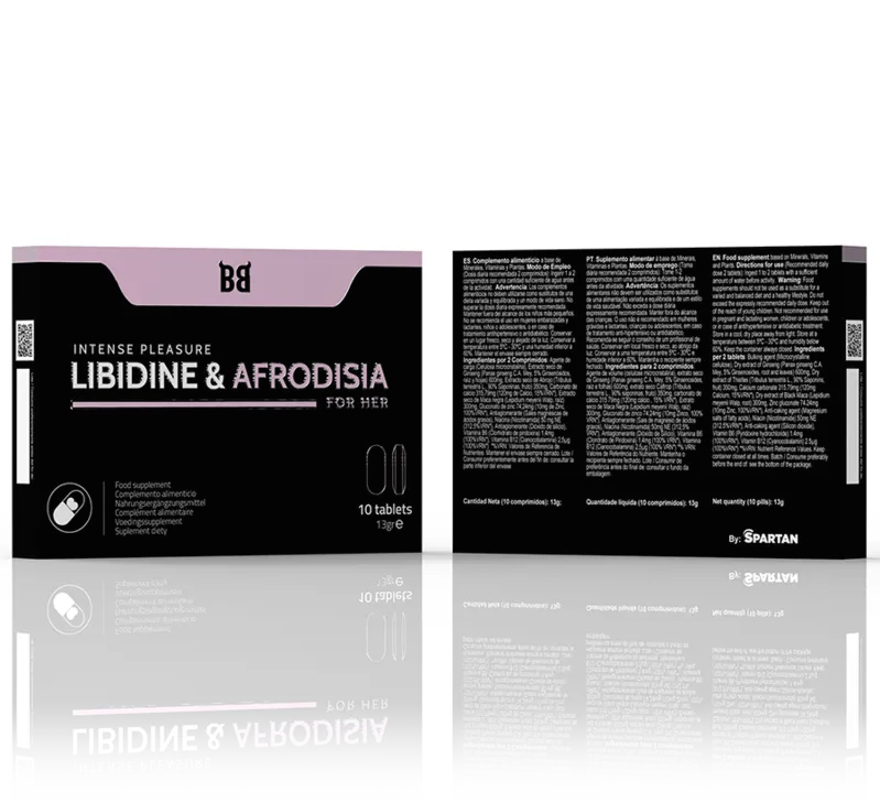 Boîte noire et rose de compléments alimentaires libido féminine, LIBIDINE & AFRODISIA, 10 comprimés, texte informatif.
