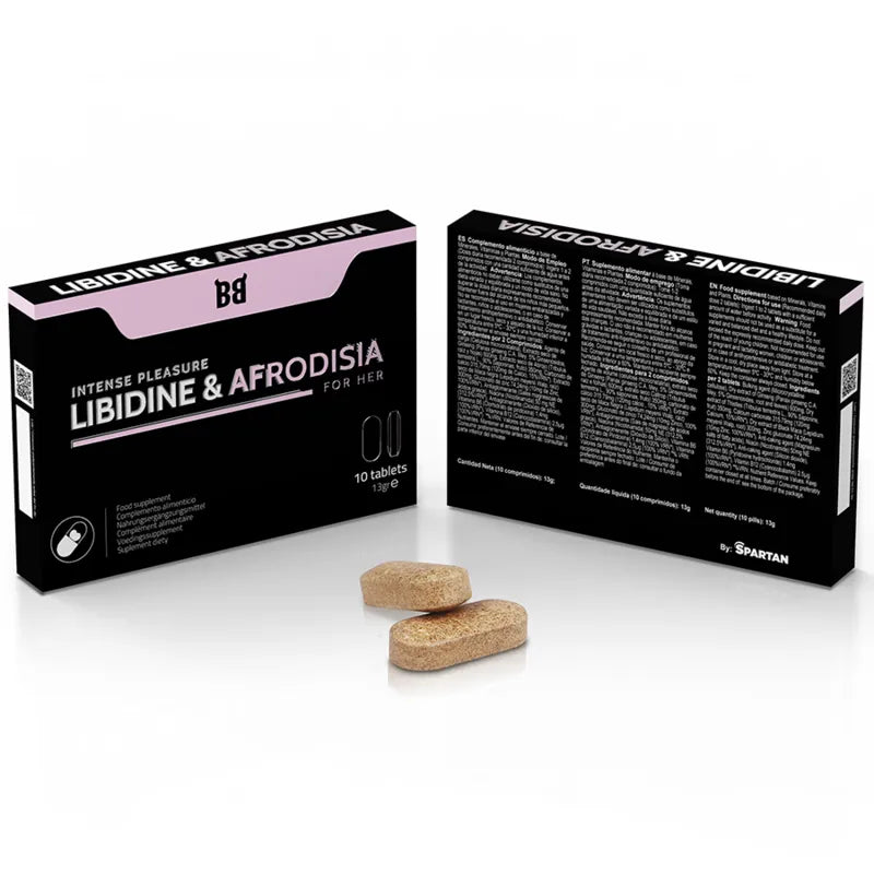 Boîte noire de compléments alimentaires libido féminine avec comprimés, LIBIDINE & AFRODISIA, aphrodisiaque naturel.