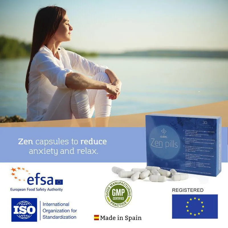 Capsules Zen Pills bleues pour réduire l'anxiété, boîte bleue avec logo, femme méditant en arrière-plan.