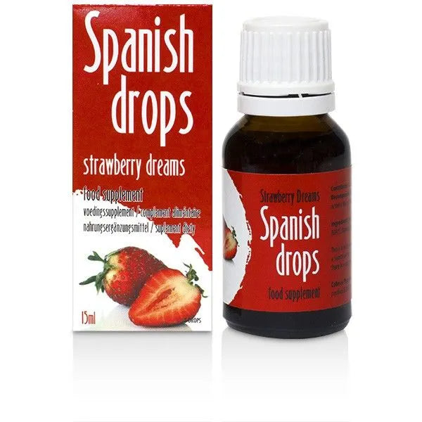 Boîte et flacon de complément alimentaire performance sexuelle fraise, rouge et blanc, avec image de fraises.