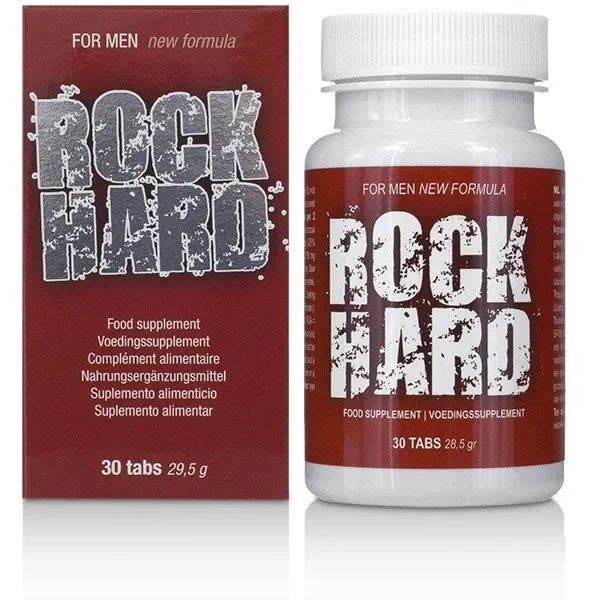 Boîte et flacon Rock Hard, complément pour libido masculine, rouge et blanc, 30 comprimés, ingrédients naturels.