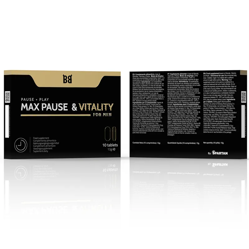 Boîte noire et dorée de Max Pause & Vitality, complément retardant éjaculation masculine, avec texte descriptif.