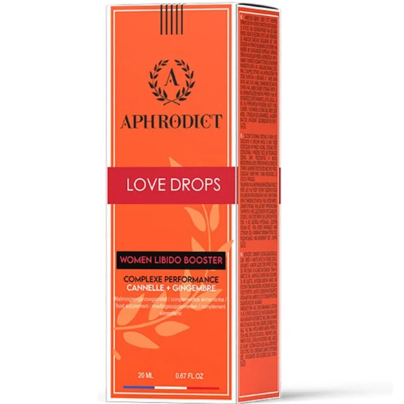 Flacon Booster Libido Naturel 20ml, étiquette orange, extraits de plantes, amélioration vitalité intime, bien-être.