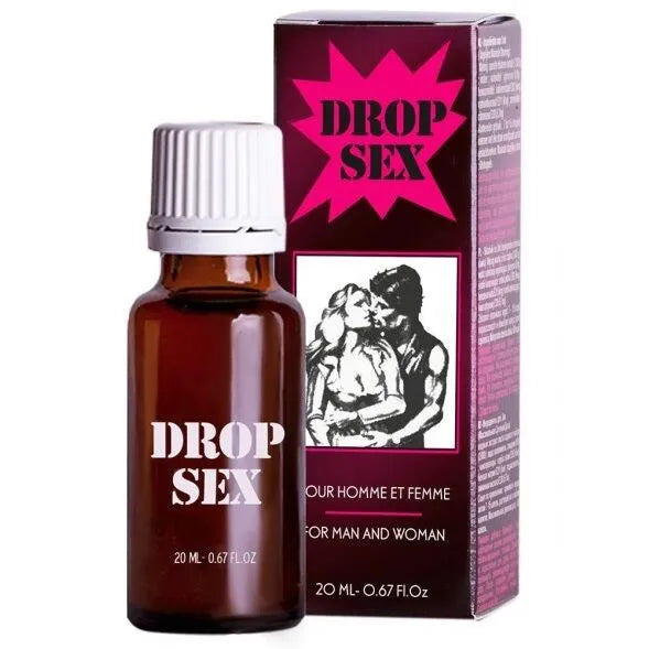 Flacon marron de 20 ml de DROP SEX, stimulant naturel libido, avec boîte illustrée, fond blanc.