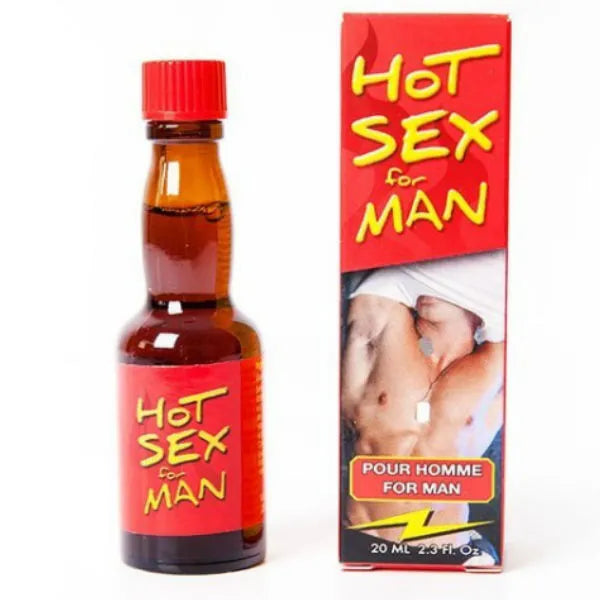Flacon brun avec étiquette rouge Hot Sex for Man, complément naturel stimulation sexuelle, 20 ml.