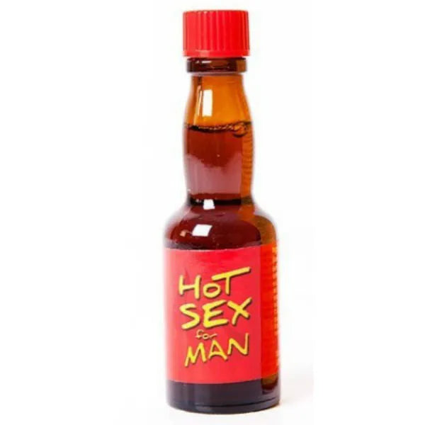 Bouteille marron avec étiquette rouge Hot Sex for Man, complément naturel stimulation sexuelle.