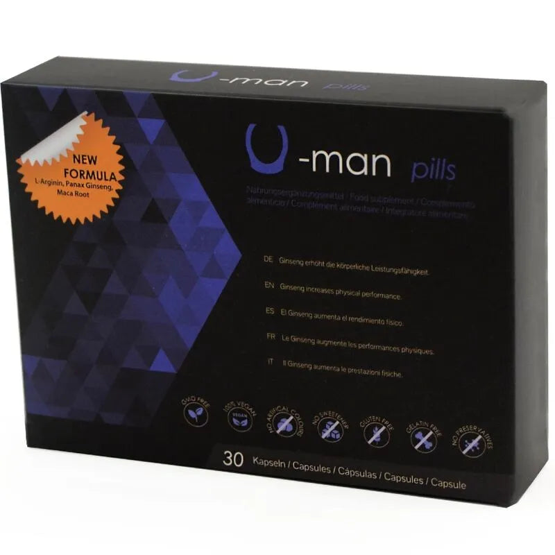 Boîte noire de pilules U-Virility pour agrandissement naturel du pénis, avec texte blanc et bleu, 30 capsules.