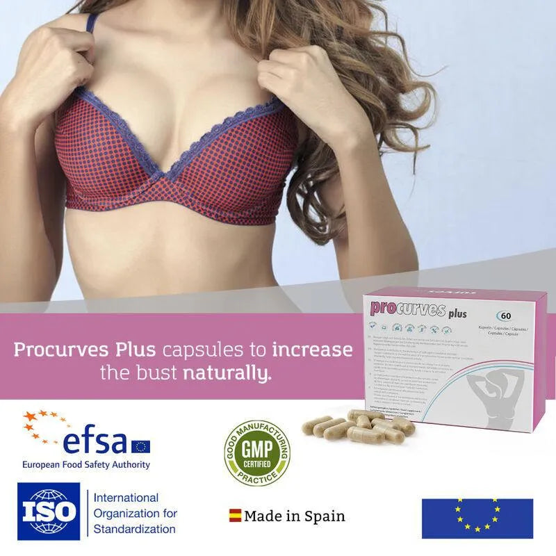 Boîte de compléments naturels pour augmentation poitrine, avec capsules, labels qualité, et femme en soutien-gorge rouge.