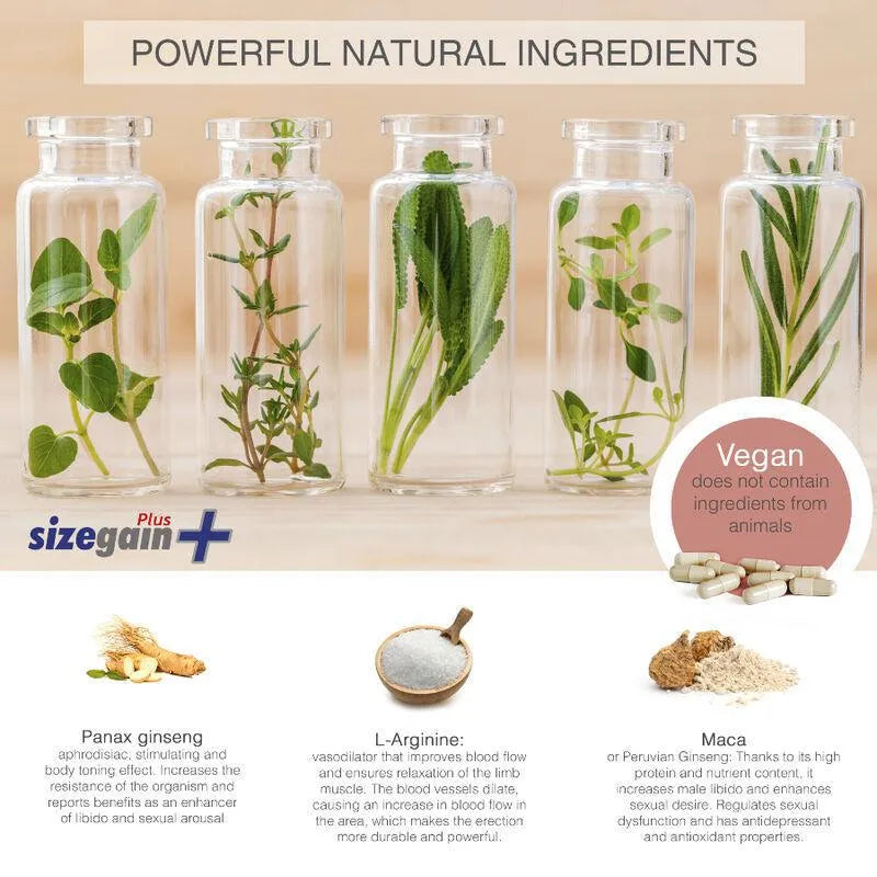 Flacons d'ingrédients naturels pour SizeGain Plus, complément masculin, avec plantes vertes et capsules blanches.
