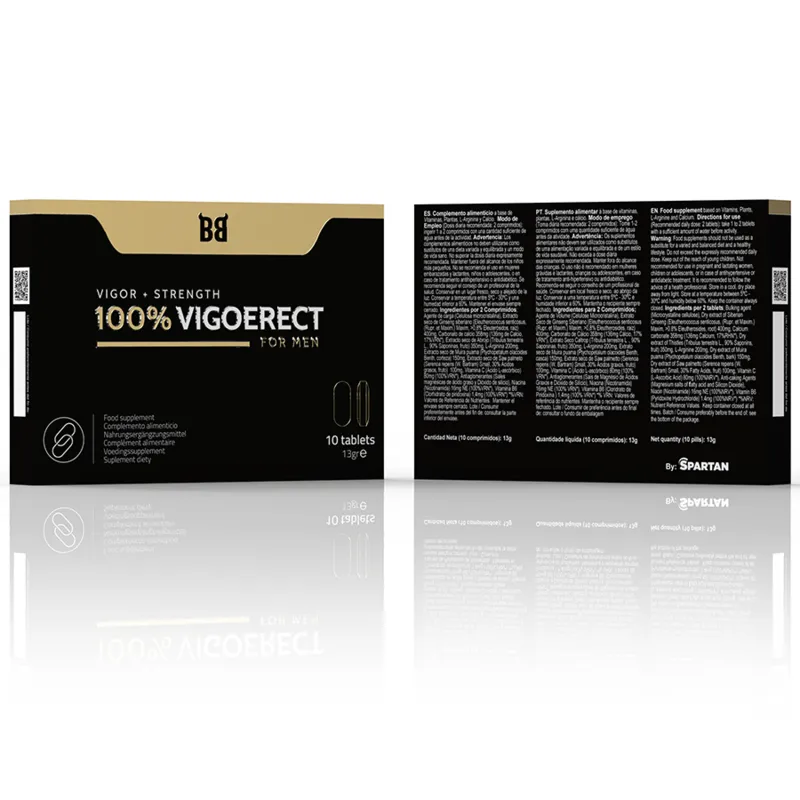 Boîte noire et dorée de Vigoerect, complément naturel pour l'érection des hommes 30+, avec texte explicatif détaillé.