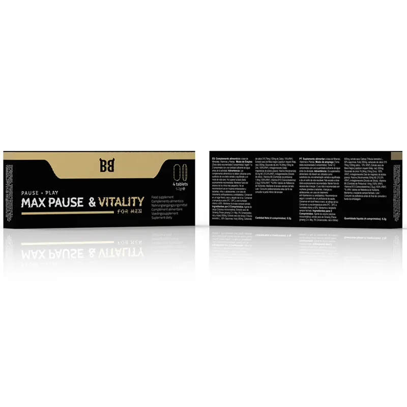 Boîte noire et dorée de Max Pause & Vitality, complément naturel retardant éjaculation, avec texte explicatif.