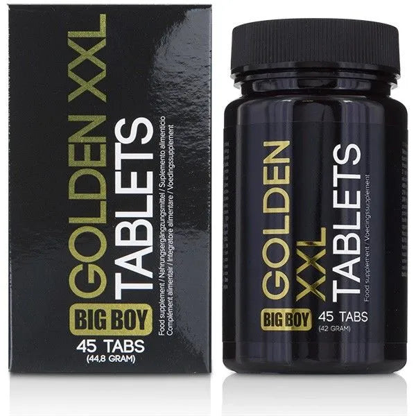 Boîte et flacon noirs de comprimés naturels pour amélioration érection masculine, texte doré Golden XXL Tablets.