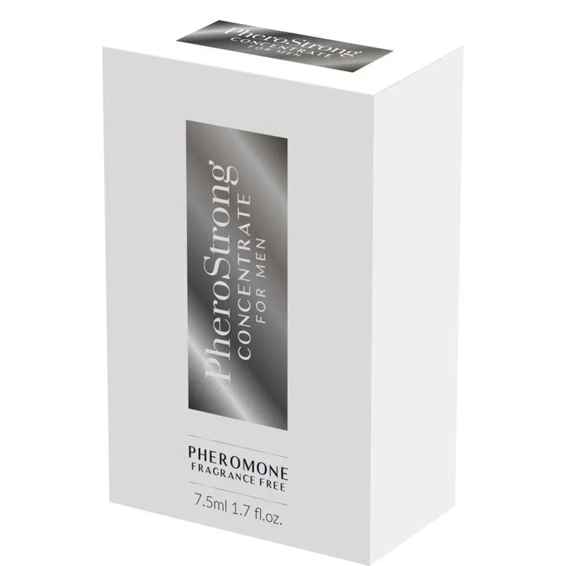 Boîte blanche de concentré de phéromones pour hommes, sans parfum, 7.5ml, design élégant et minimaliste.